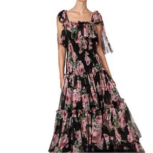 Black Pink Rose Print Floral Ruffle Chiffon Dress Flowy - LARGE